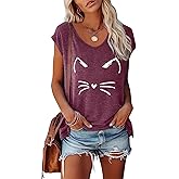 BLACKOO Women's Cat Face Graphic V-Neck T-Shirt Cap Sleeve Tops