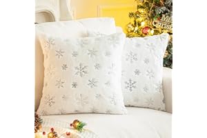 AQOTHES Faux Fur Fuzzy Decorative Throw Pillows Covers, Soft Plush with Snowflake Sequins Glitter Cute Throw Pillows for Christmas Decor Couch Sofa, Silver Ivory White,18 x 18 Inch, Pack of 2