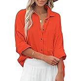 Diosun Womens Casual Button Down Shirts V Neck Long Sleeve Cotton Loose Fit Plain Work Blouse Tops with Pocket