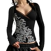 Y2k V Neck Floral Tops Women Fairy Grunge Vintage Long Sleeve Top 2000s Emo Graphic Cute Clothe