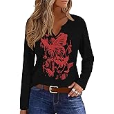 Womens V-Neck Long Sleeve T-Shirt Flower Graphic Tees Fall Fashion Boho Tops Tshirts Loose Casual Western Country T Shirts