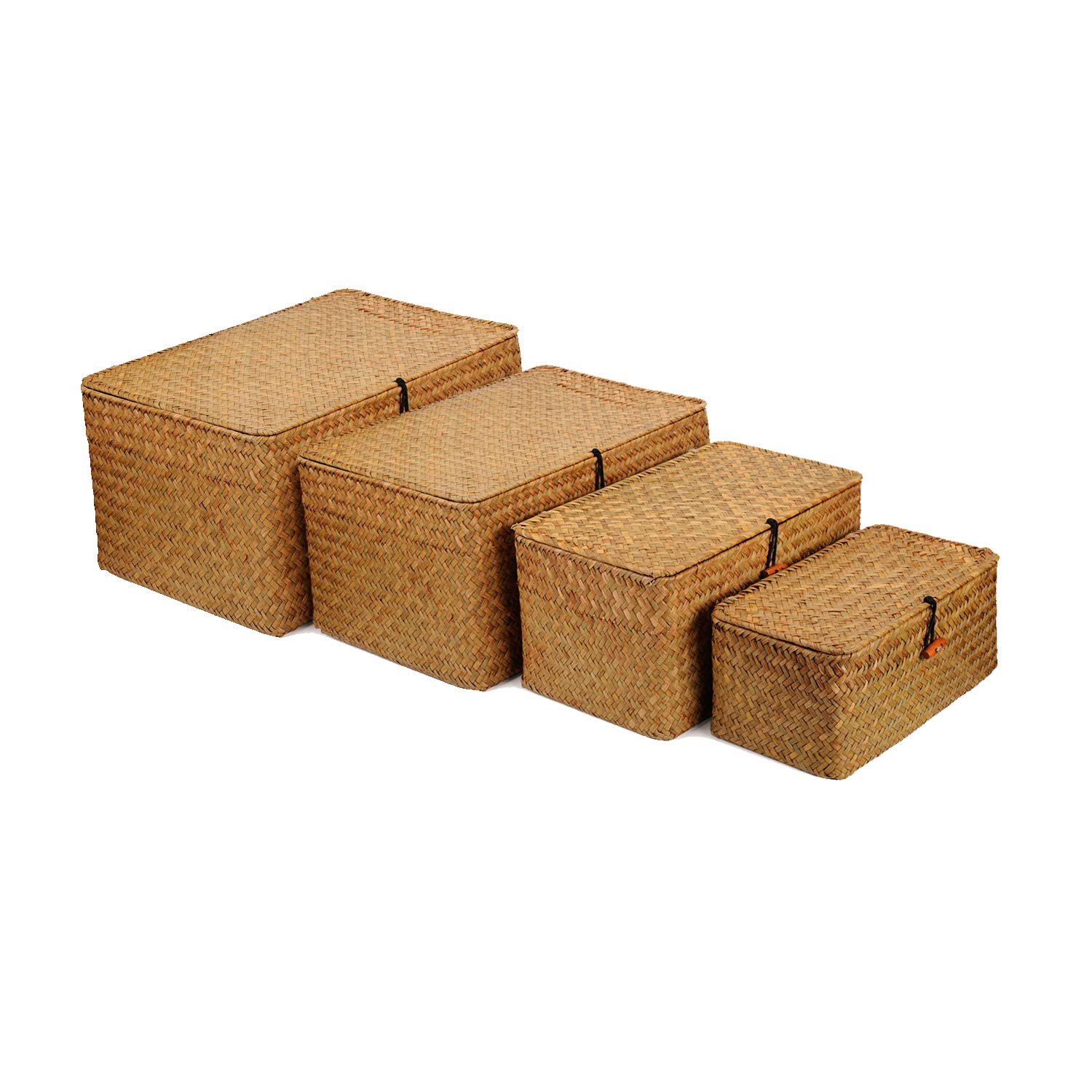 Photo 1 of 4 Pack, Wicker Baskets with Lids, Nautral Seagrass Storage Baskets, Woven Rectangular Basket Bins, Rattan Storage Organizer for Shelf