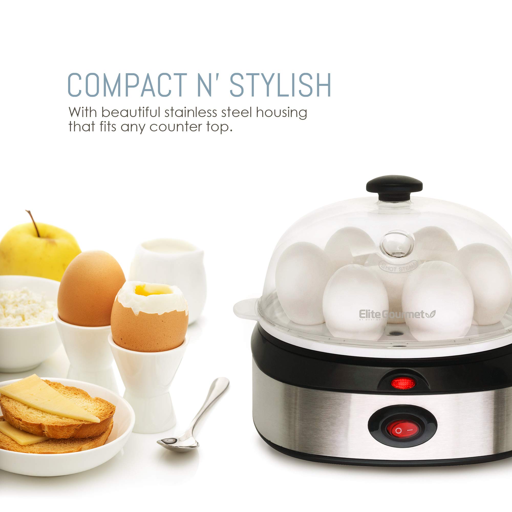 Elite Gourmet EGC-207 Easy Electric 7 Egg Capacity, Poacher, Omelet, Steamer & Soft, Medium Hard Boiled, with Auto Shut Off, Buzzer, Measuring Cup Included, BPA Free, Stainless Steel