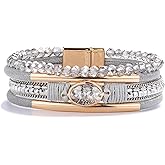 FANCY SHINY Leather Wrap Bracelets Crystal Beads Bracelet Boho Cuff Stone Charm Bracelets with Clasp Costume Jewelry for Women