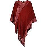 Women's Elegant Knitted Shawl Poncho with Fringed V-Neck Striped Sweater Pullover Cape Gifts for Women Mom