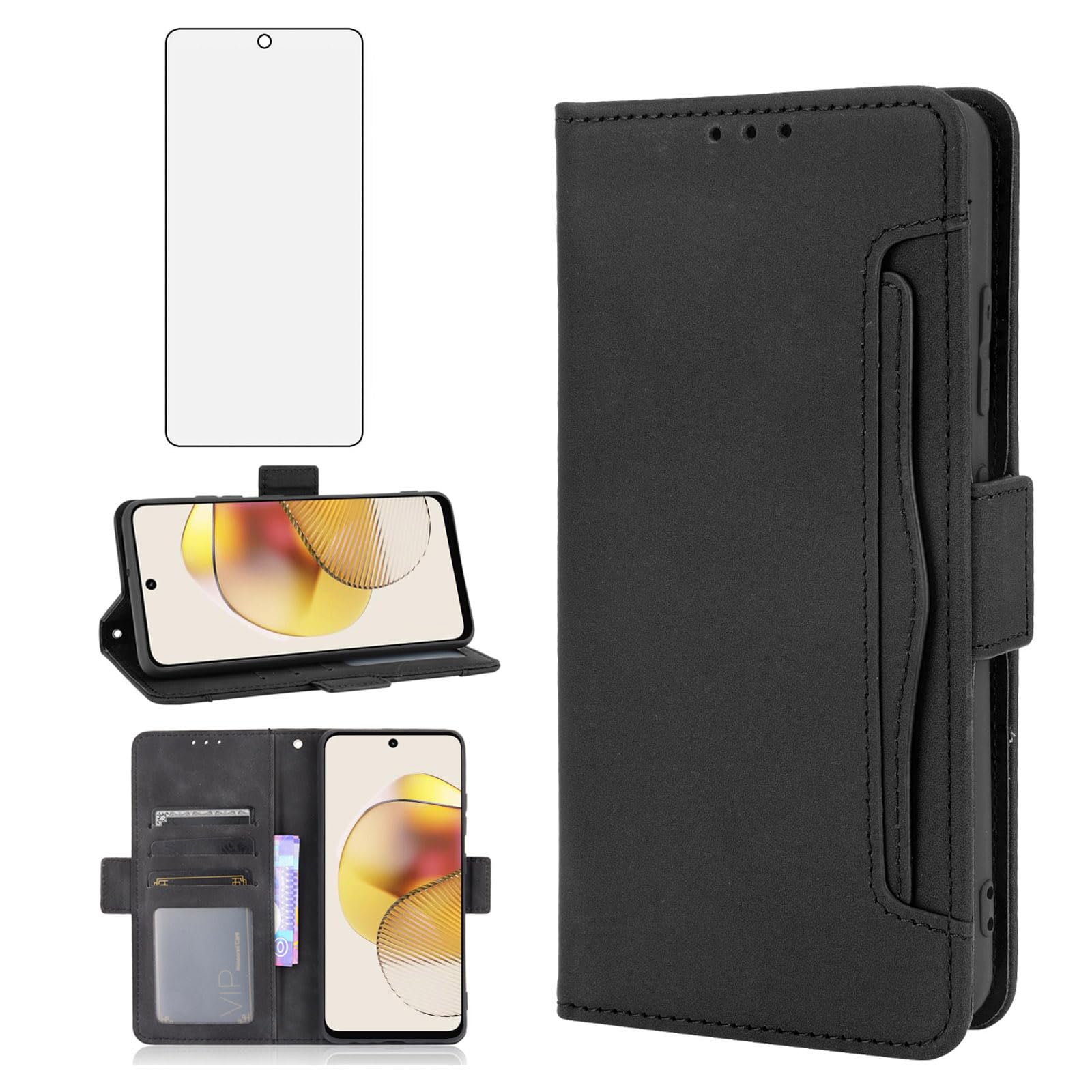 Asuwish Compatible with Motorola Moto G73 5G Wallet Case and Tempered Glass Screen Protector Card Holder Stand Leather Flip Cell Accessories Phone Cover for G 73 73G Women Men Black