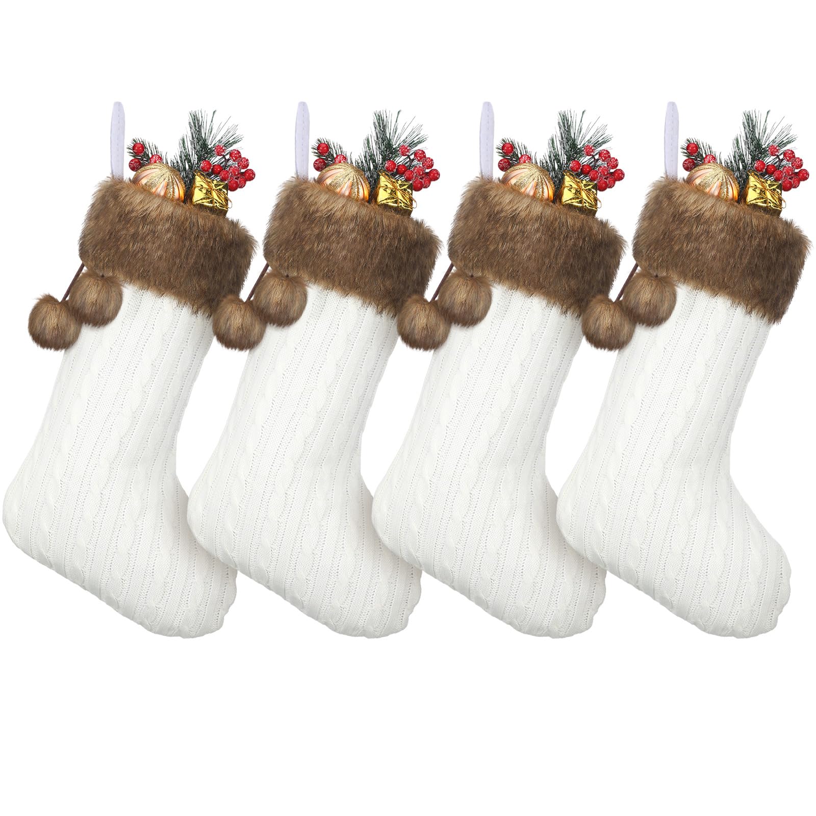 Photo 1 of Glimin 4 Pcs Christmas Knit Stockings 18 Inch Large Xmas Stockings with Faux Fur Cuff Hanging Christmas Stockings Rustic Ornaments for Christmas Holiday Decorations Family Party (White)
