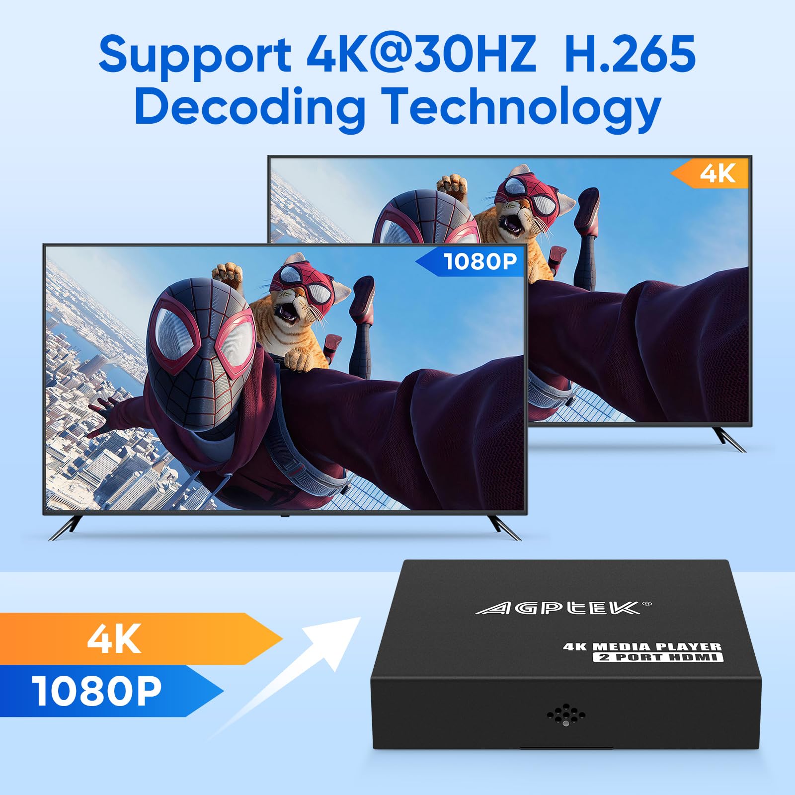 4K@30Hz Media Player with Dual HDMI, AV/VGA Output, 4K HDMI Splitter, Digital MP4 Player for 14TB HDD/512G USB/256G SD Card/H.265 MP4, Remote Control for MP3 AVI