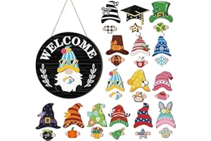 Welcome Wreath for Front Door(12"x12"), DIY Interchangeable Gnome Wooden Door Sign, Round Welcome Home Door Hanger for Porch 