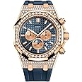 Automatic Watches for Men, Gold Case with Rhinestone Encrusted Luxury Men's Watch Analog Tourbillon Watch Lattice Dial 12-Hour Small Dial Moon Phase Week Mechanical Watch Blue Silicone Strap