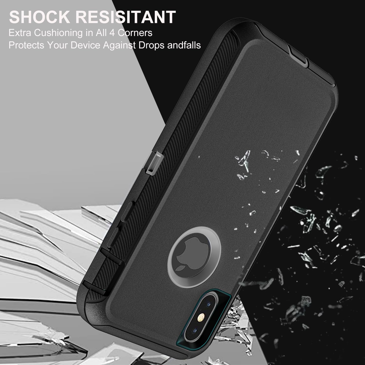 for iPhone X Case/iPhone Xs Case, Military Grade 3 in 1 Heavy Duty Shockproof/Drop Proof/Dust Proof Case with 2Pcs Tempered Glass Screen Protector (Black/Grey)