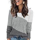 AYIFU Womens Lightweight Sweaters Long Sleeve Knit Color Block Sweater Crewneck Tops for Casual Fall Winter Tunic