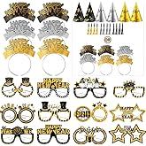 HEYPRIIL New Years Eve Party Supplies Decorations 2026, Happy New Year NYE Decorations Accessories Party Favors Headbands and Glasses/ Headband Cone Hats, New Year Glasses, and Tassel Squawkers