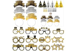 HEYPRIIL New Years Eve Party Supplies Decorations 2026, Happy New Year NYE Decorations Accessories Party Favors Headbands and Glasses/ Headband Cone Hats, New Year Glasses, and Tassel Squawkers