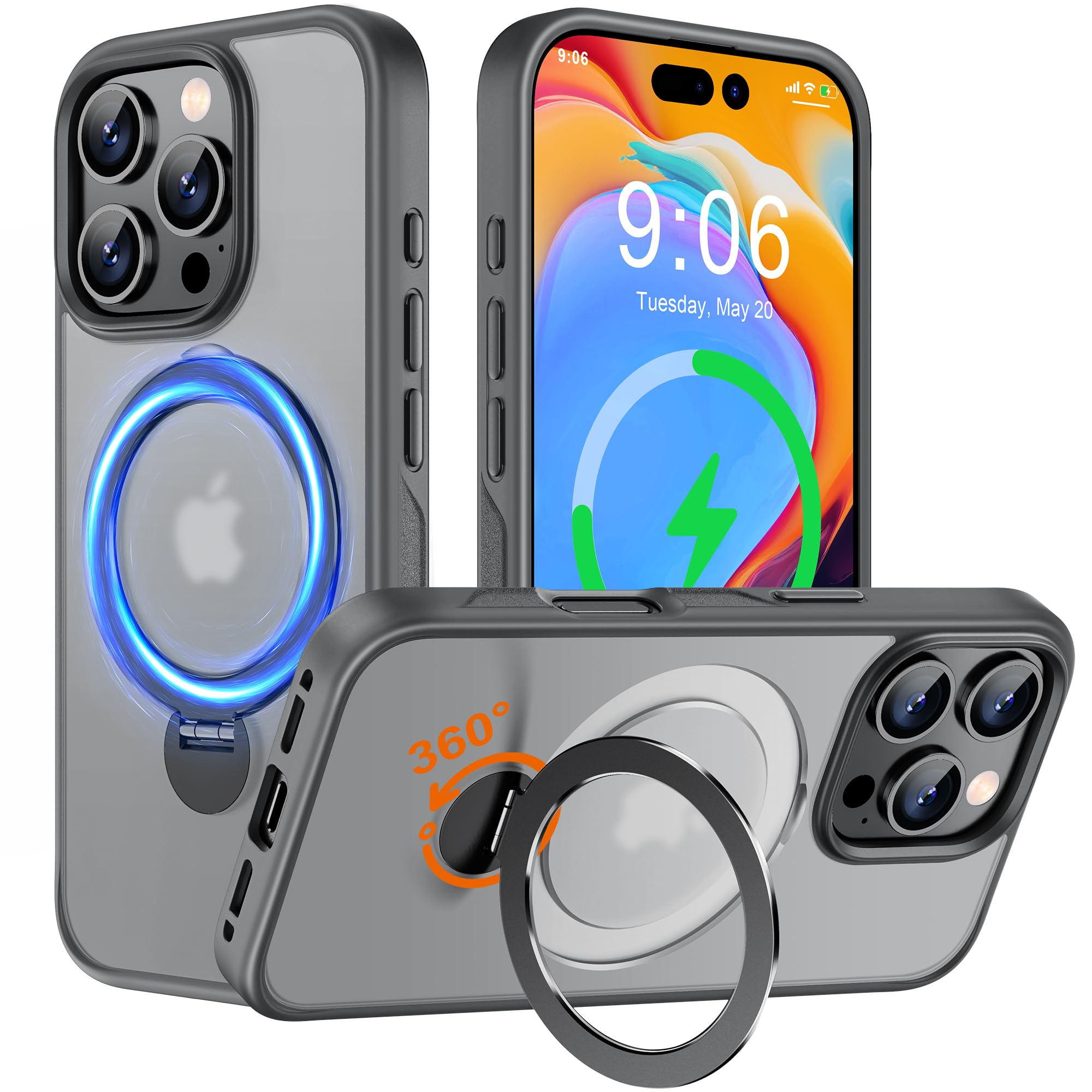 Multi-in-1 [Magnetic+ KickStand+ Ring Holder] for iPhone 16 Pro Max Case, Compatible with MagSafe, Built-in 360° Rotatable Invisible Stand, Military Shockproof Silicone Frame Magnetic Cover, Grey