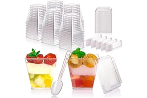Witheeyou 50 Pack 8oz/240ml Plastic Dessert Cups, Square Dessert Cups with Lids and Spoons, Clear Parfait Cup, Single Serving