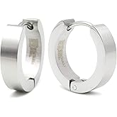 Pair Stainless Steel Hoop Huggy Earrings Black Silver-tone 16mm
