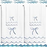 4 Pcs Scalloped Towels for Bathroom 100% Cotton 2 Bath Towels 2 Hand Towels Scallop Bathroom Towels Embroidered Dish Towel Decorative Soft Bath Towel for Kitchen (Bow Blue, 2*Bath+2*Hand towel)