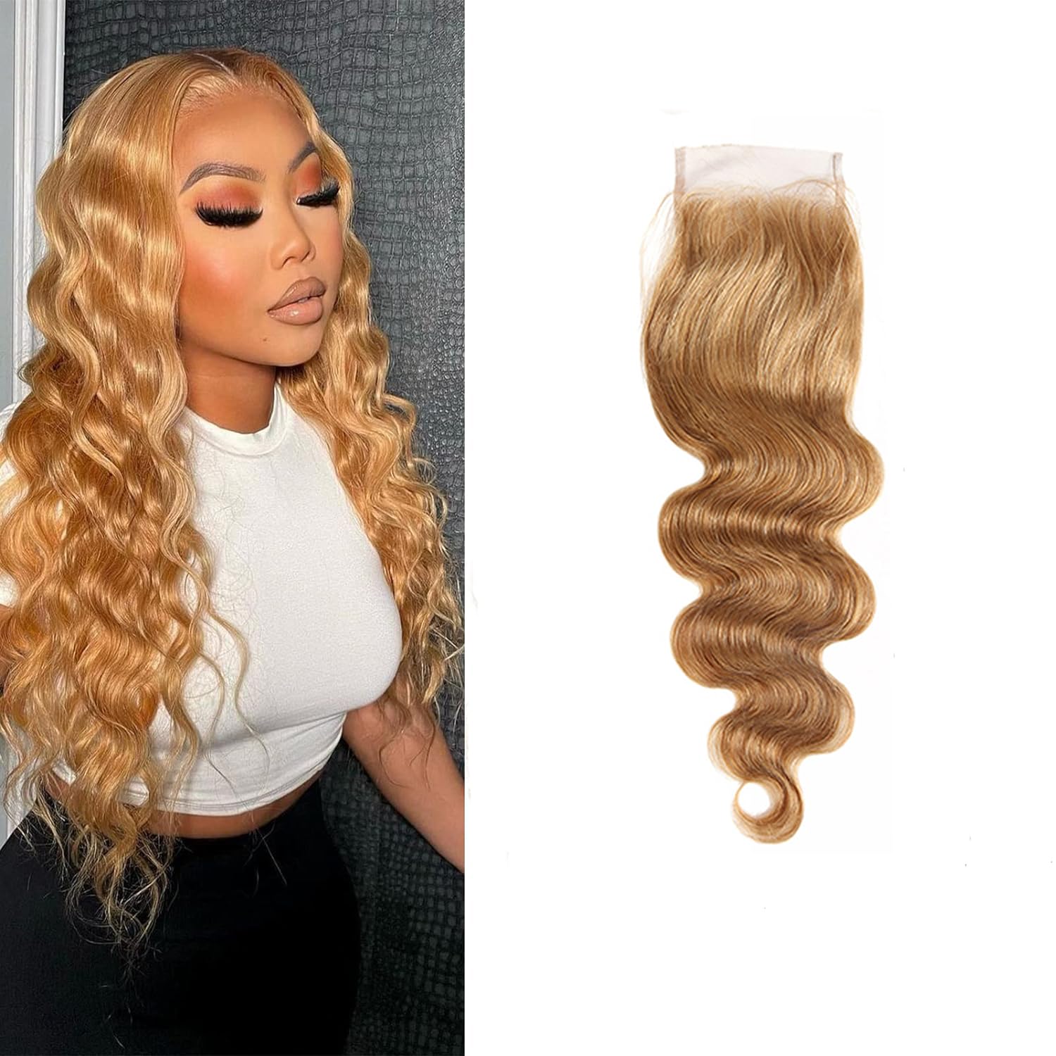 4x4 Honey Blonde Closure 14 Inch Color 27 Body Wave 12a Human Hair Free Part Pre Plucked With Baby Hair Brazilian Virgin Remy Human Hair — image 1