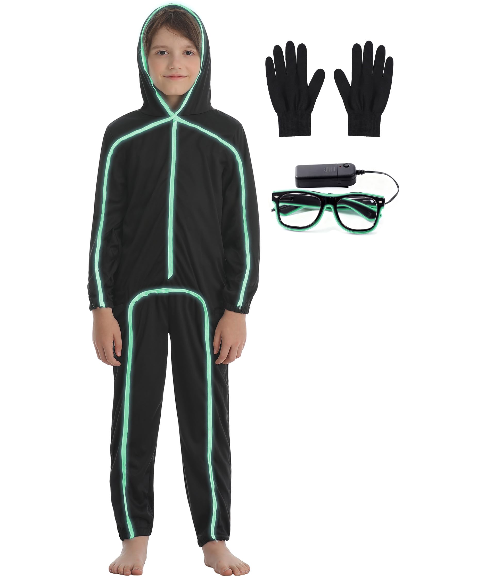 Photo 1 of Stick Figure Costume Kids Stickman Jumpsuit with Light up Glasses Halloween Glow in the Dark Outfits for Boys Girls (Fluorescent Green, Large(9-10 Years))