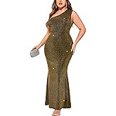 ZOMVA Plus Size One Shoulder Formal Evening Gowns Sparkly Mermaid Maxi Dress for Wedding Guest Cocktail Evening Party