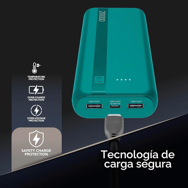 Power Bank Cellularline 20000 mAh com entrada/saída USB-C + 2 portas USB-A – Múltiplas Cargas e Indicador LED – Azul