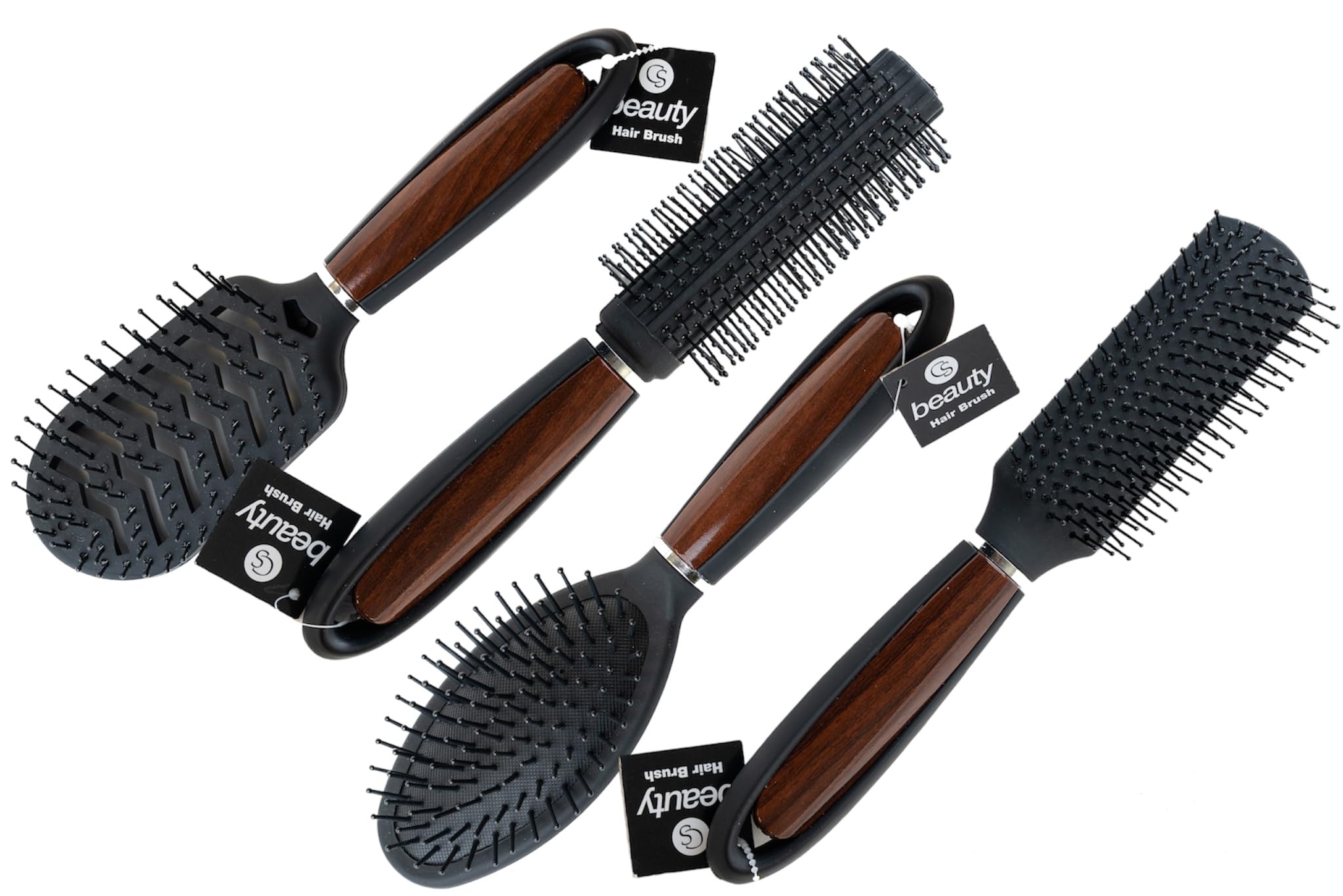 CS Beauty - Pack of 4 Hair Brush Set - Oval Cushion Hair Brush, Vent Hair Brush, Oblong Brush, Radial Brush for Women Men Children - Wet or Dry Hair - Detangle Massage - Wood Effect Handle