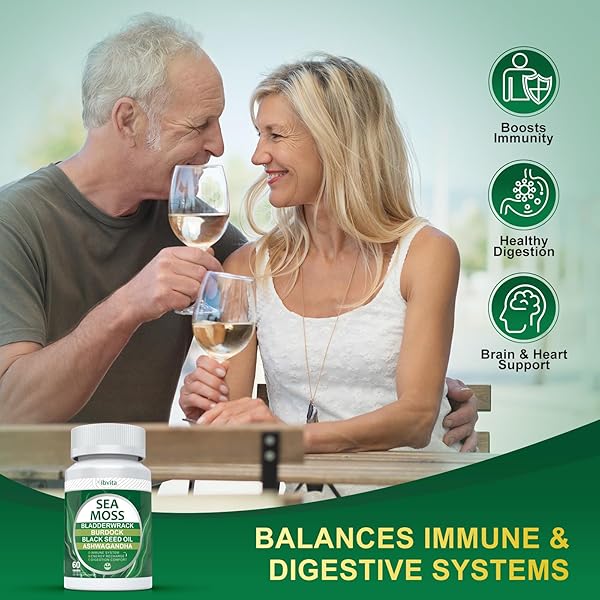 VIBVITA SEA MOSS BLACK SEED OIL CAPSULES – SUPPLEMENTS WITH SEAMOSS, ASHWAGANDHA, BURDOCK ROOT, GINGER & MULTIMINERAL FOR IMMUNE & DIGESTIVE SUPPORT, IMPROVE ENERGY FOR MEN & WOMEN – 60 CAPSULES