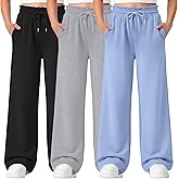 LessonZoo 3 Pack Girls' Sweatpants Straight Wide Leg Kids Drawstring Casual Joggers Teen Loose Athletic Pants with Pockets