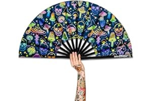 Raveahem UV Glow Rave Fan, Bamboo Folding Clack Hand Fan for Men Women (Mushrooms and Skulls, Large 13")