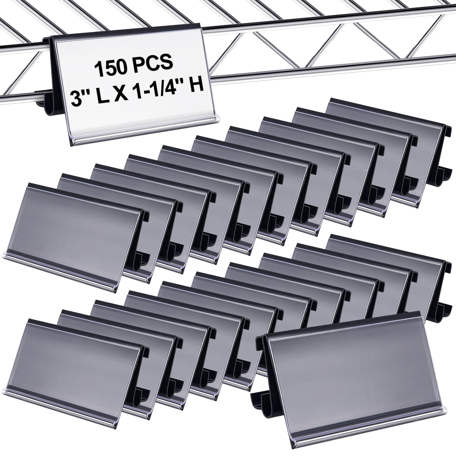 Photo 1 of 150 Pcs Wire Shelf Label Holders Plastic Wire Rack Clips 3 x 1.25 Inch Shelf Price Tags Compatible with Metro 1-1/4in Shelves for Shopping Mall Supermarket Store