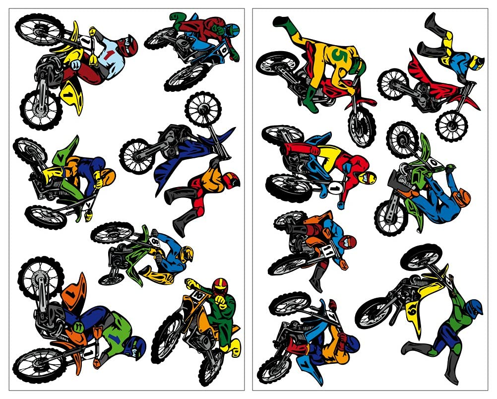 Wall sticker set, 14 piece motocross, cross motorcycle, moped, multicoloured, 2x 16x26cm
