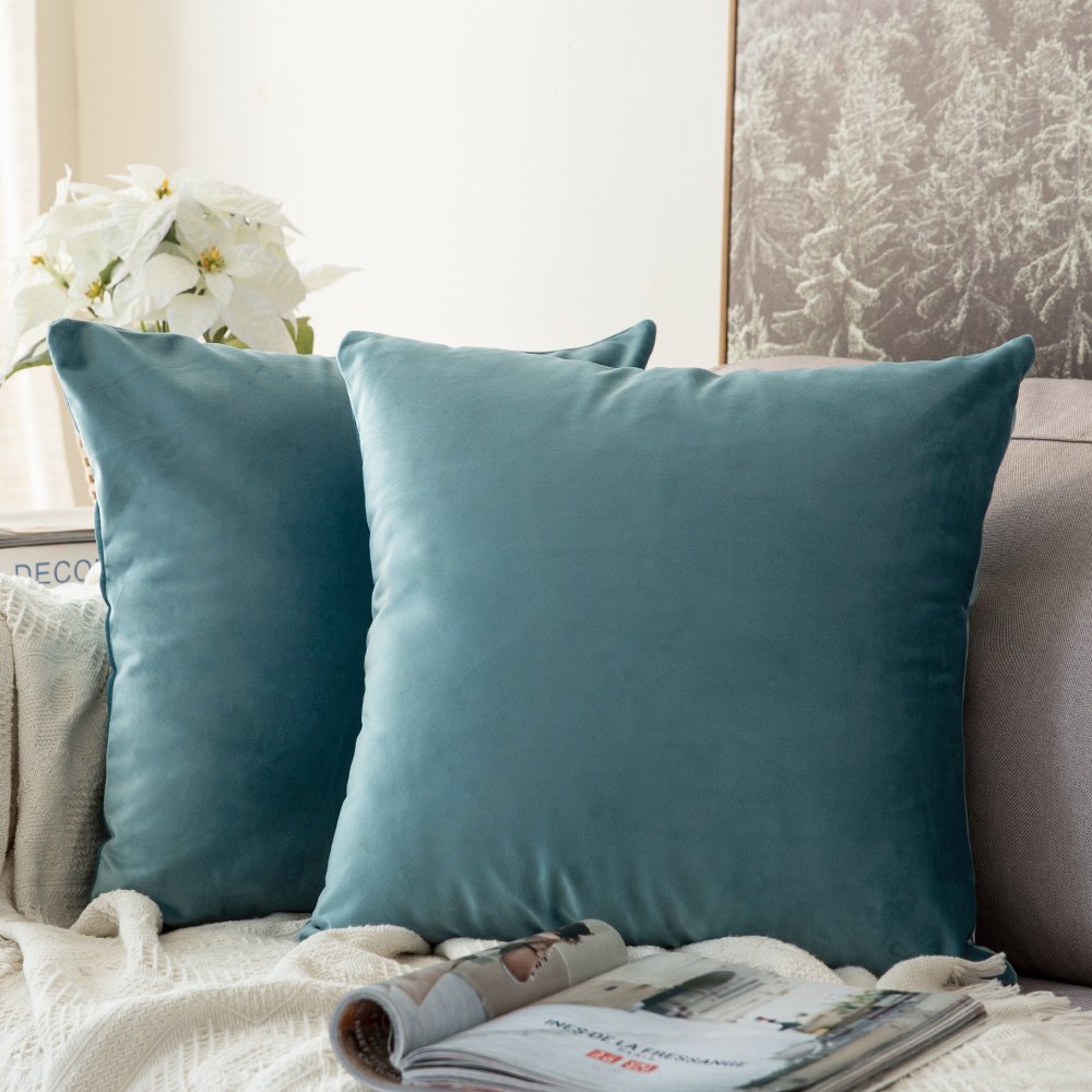 MIULEE Velvet Soft Decorative Square Throw Pillow Case Cushion Covers Pillowcases for Livingroom Sofa Bedroom with Invisible Zipper 60cm x 60cm 24x24 Inch 2 Pieces Teal โ image 1