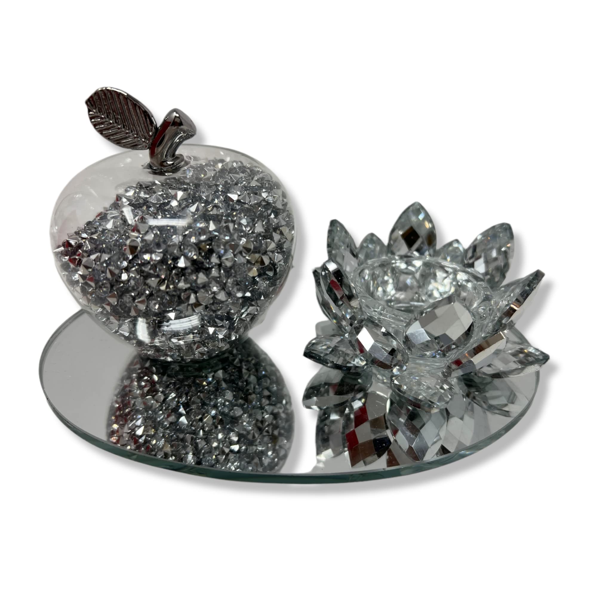 Amazing Gift Silver Sparkle Glass Ornament Bling Crushed Diamond Crystal Filled Apple Shape Tealight Candle Holder