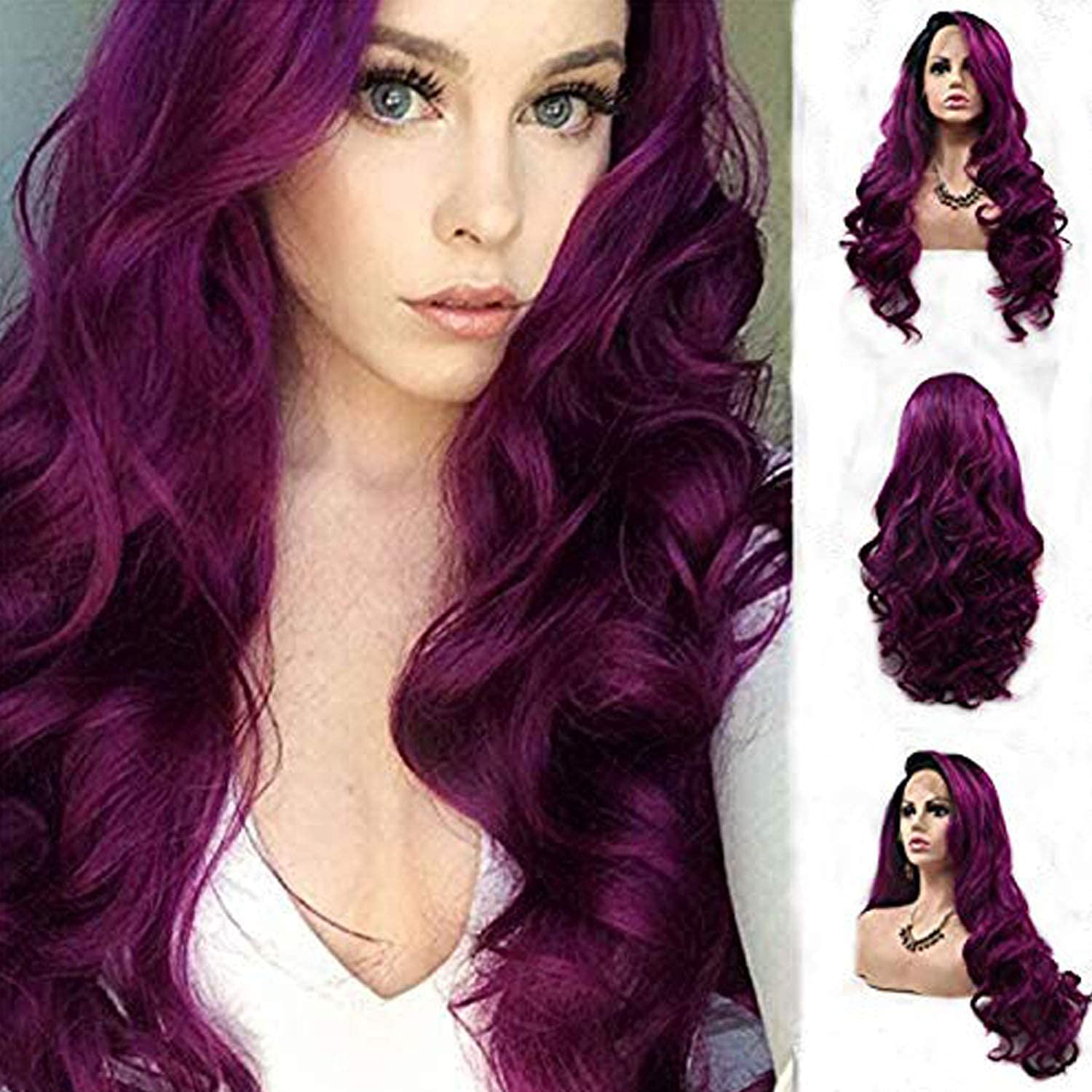 Lace Front Purple Wig Long Wavy Ombre Black Purple Colored Curly Real Hair Wigs for Women Glueless Synthetic Lace Front Wigs Pre Plucked Hairline Frontal Wig Heat Resistant Cosplay Drag Anime 24Inch — image 1