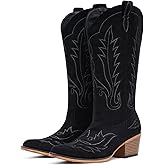 Fioralie Suede Cowboy Boots for Women Western Mid Calf Cowgirl Boots with Embroidered, Retro Snip Toe Fashion Boot With Chunky Block Heel Summer Fall Country Music Festival Cowboy Chic