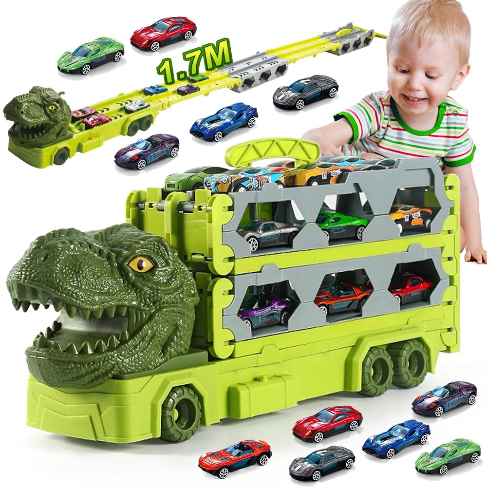 VATOS Transport Truck Toys Cars for Boys Ages 3 4 5 6 7 8, Portable Dinosaur Race Track Truck Toy Car with 6 Race Cars, Best Gift Carrier Trucks Vehicles Toys Set for Kids