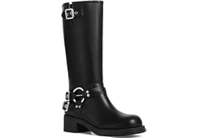 AMINUGAL Knee High Boots Women Square Toe Pull On Wide Calf Riding Fashion Buckles Chunky Metallic Casual Vintage Buckle Rive