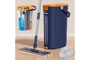 HOMETTLER Mop and Bucket Set with Wringer, 3-Tank Flat Mop and Bucket System, Wall Mop Cleaner with Long Handle, Hands Free Mops for Floor Cleaning with 2 Microfiber Pads