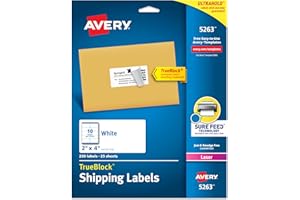 Avery Printable Shipping Labels with Sure Feed, 2" x 4" Customizable Stickers, White, 250 Blank Mailing Labels, Great for Mailing, Shipping, and More (5263)