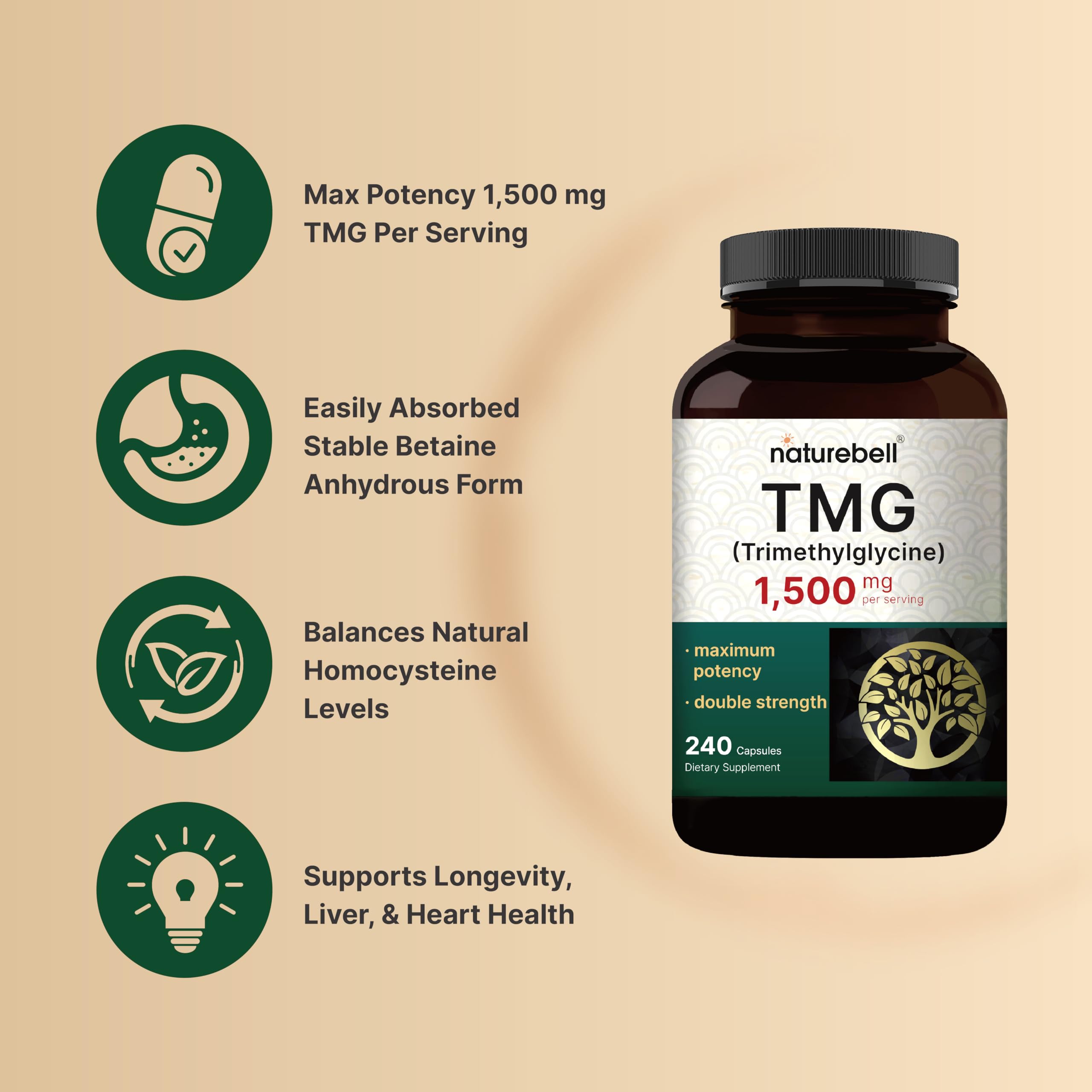 NatureBell TMG Supplements 1,500mg, 240 Capsules | Max Strength Betaine Anhydrous Trimethylglycine – Supports Healthy Homocysteine Balance, Heart & Liver Health – Non-GMO, Gluten Free
