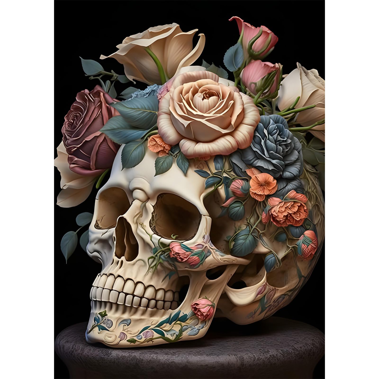 EOBROMD Skull Diamond Painting, 5D Diamond Painting Kits for Adults, Full Round Drill Diamond Art Kits, Flowers Diamond Painting Crystal Rhinestone Craft for Halloween Decor 30x40cm