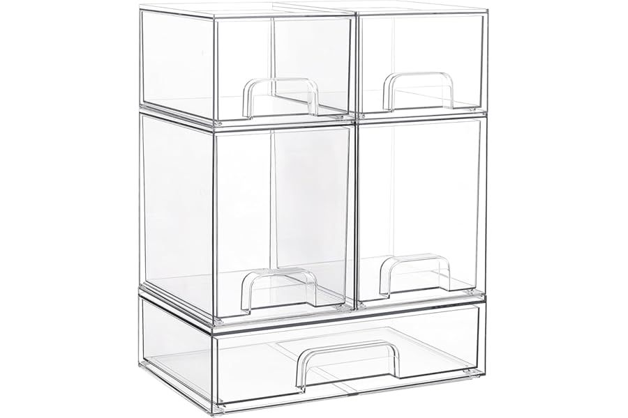 Vtopmart Stackable Storage Drawers Set of 5, Clear Plastic Organizer Bins for Baby Bottle, Beauty Supplies Storage, Ideal for Kichen Countertop, Vanity, Bathroom, Cabinet, Pantry Organization