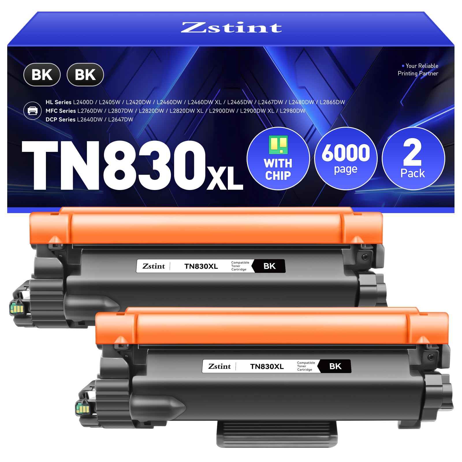 Photo 1 of TN830XL Black Compatible Toner Cartridge 2-Pack High Yield Replacement for Brother TN830xl TN830 to use with HL-L2460DW DCP-L2640DW HL-L2480DW HL-L2400D HL-L2405W MFC-L2820DW MFC-L2900DW Printer Ink