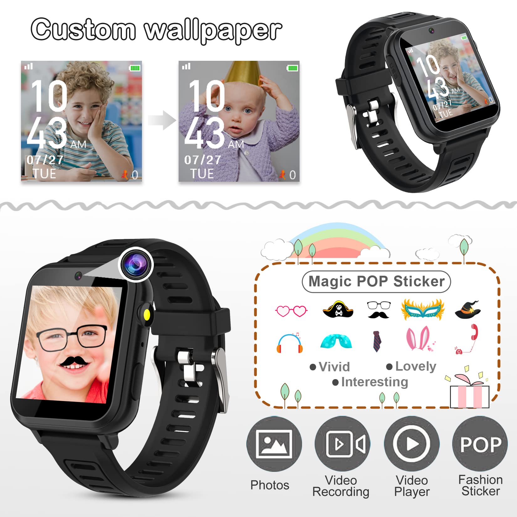 Phyulls Smart Watch for Kids, Smart Watch Toys with 39 Games Camera Video Recorder Music Alarm Calculator Calendar Flashlight Stopwatch Pedometer Gift Toys for 3-12 Years Old Boys and Girls (Black)