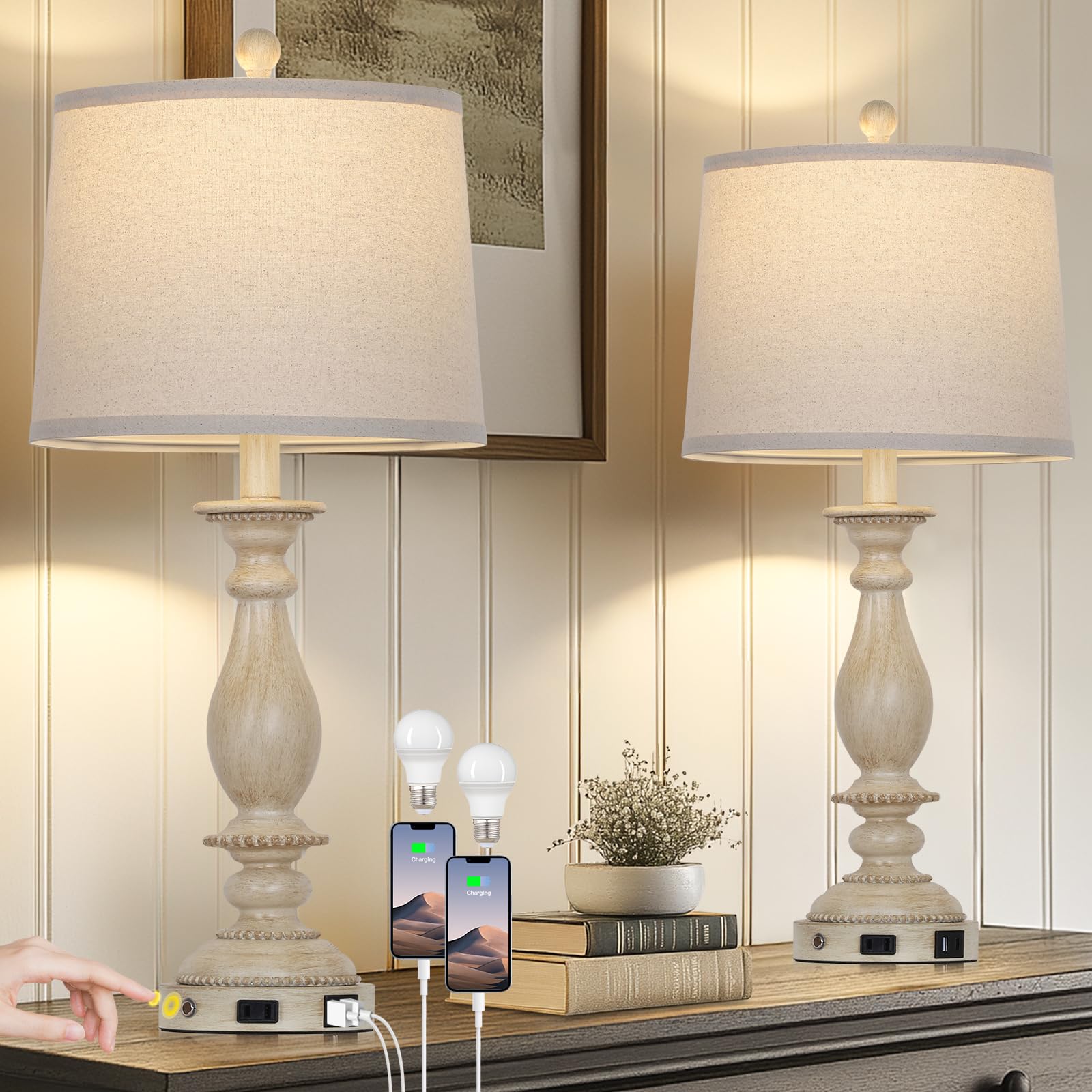 Photo 1 of ***MISSING PARTS***
CINSARY 28" Tall Farmhouse Table Lamps for Living Room Set of 2,Vintage Rustic Beige Bedside Touch Lamp with USB C+A Ports & AC Outlet, 3-Way Dimmable Resin Nightstand Lamp for Bedroom Entryway Office