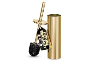 NOVSIX Gold Toilet Brush and Holder Set - Brushed Stainless Steel Gold Toilet Bowl Brush and Holder with Replacable Head, Removable Inner Bowl, and Splash Protection - Dense Bristles for Through Cleaning