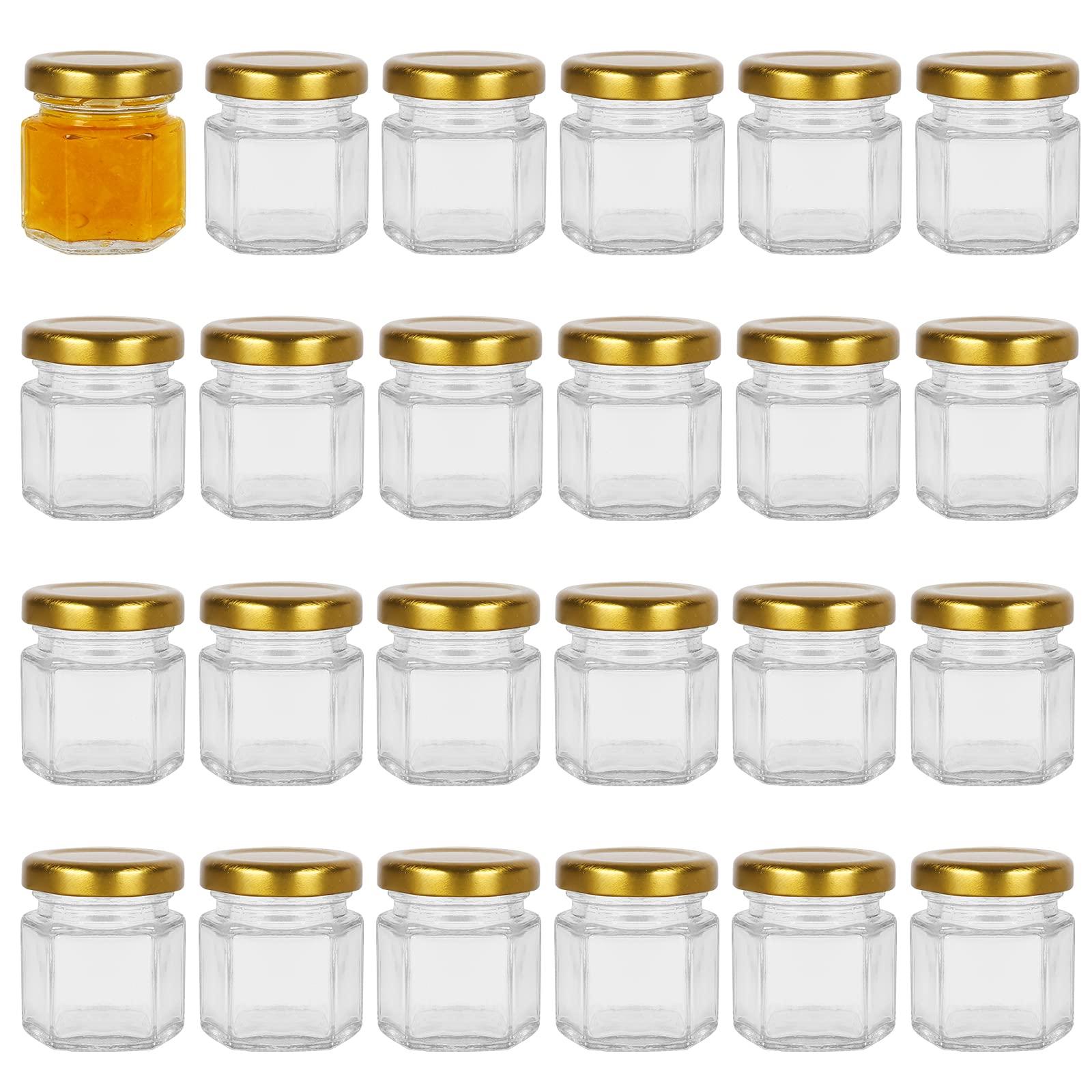 Yishik 24 Pack 1.5 oz Hexagonal Glass Jam Jars with Gold Screw Lids, 45ml Storage Jars for Jams, Fruits, Nuts, Spices, Jellies, Food Storage & Handmade desserts