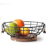 WILDMOS Fruit Basket,black Wire Basket with Acacia Wood Base,large Fruit Bowl for Countertop,black Baskets for Fruits, Breads, Vegetables Storage. (10-inch)