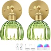 RIDALUX Vintage Battery Operated Wall Sconce, Green Tulip Glass Lampshade Wireless Rechargeable Battery Powered LED Wall Light with Remote Dimmable for Bedside Bedroom Doorway Living Room, Set of 2